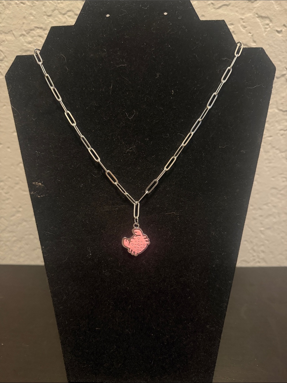 Inspired Pink Crab Charm Pendant with Silver Paperclip Necklace